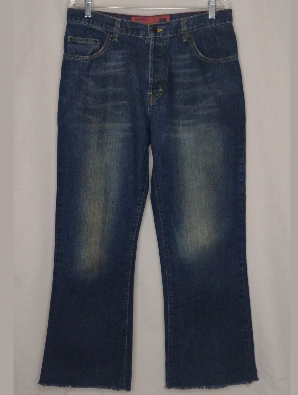 Vintage Men's Size 34x34 Mossissue Distressed Blue Jeans Raw Hem Dark Wash Denim